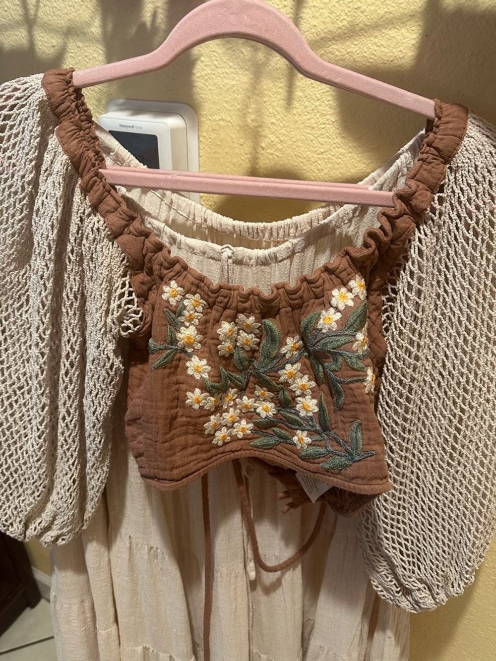 Brown Embroidered Floral Crop Top with Ruffled Neckline